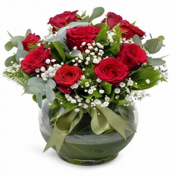  Konyaaltı Çiçek - Cam Fanus 9 Kırmızı Gül