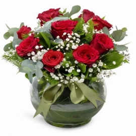  Konyaaltı Çiçek Cam Fanus 9 Kırmızı Gül